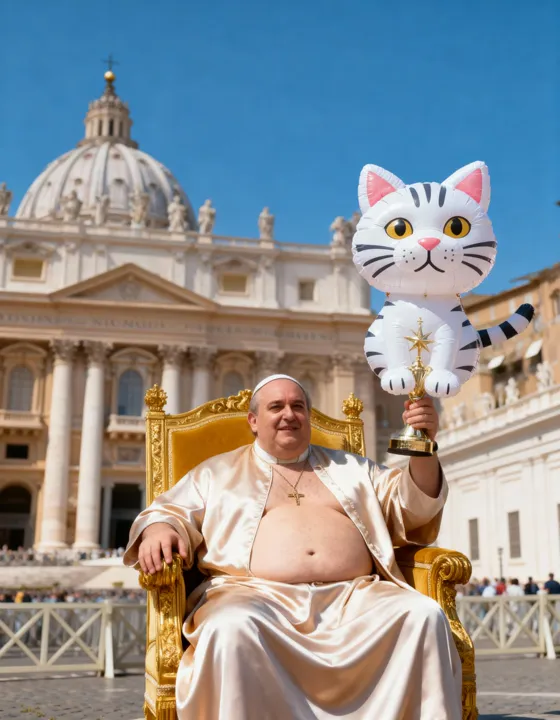 Un papa con la bata de satén abierta y la barriga al aire levanta un trofeo con un gato hinchable en la plaza de San Pedro.