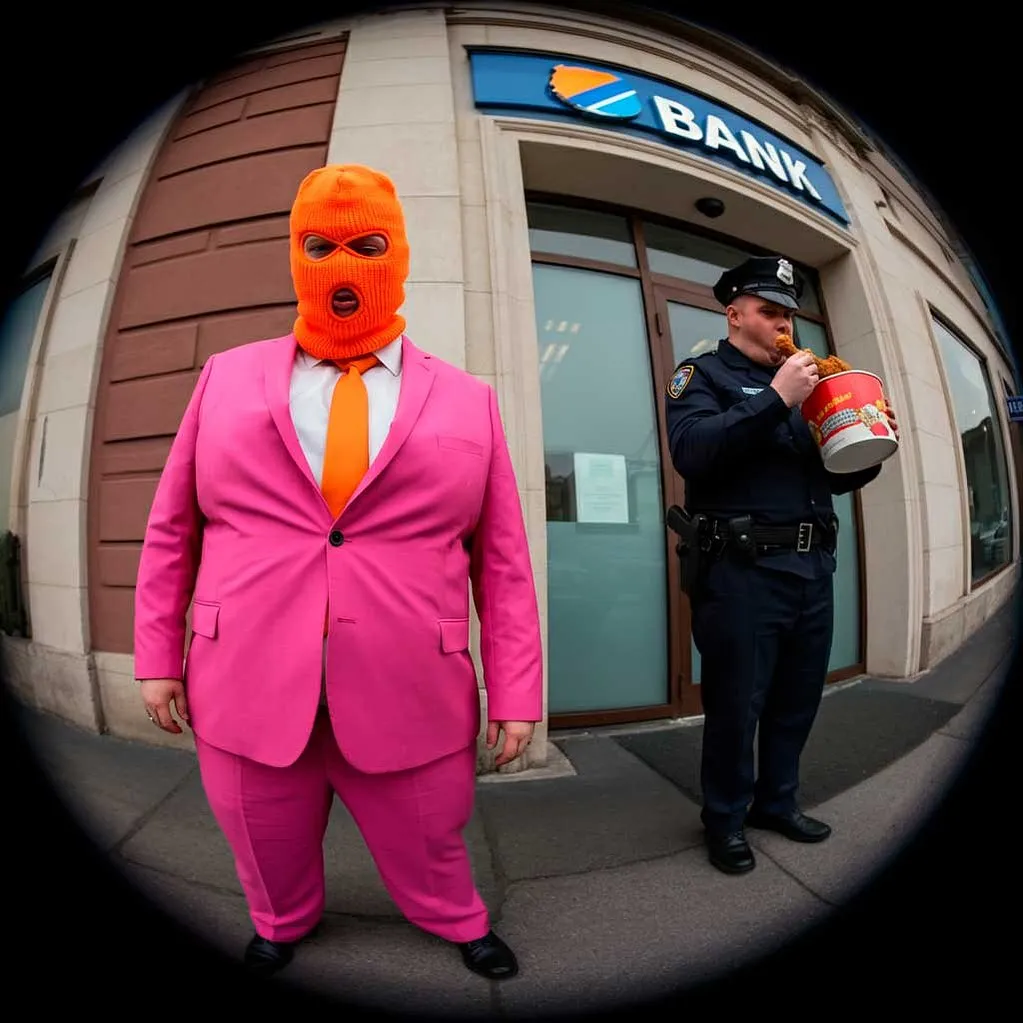 Una figura con traje rosa y pasamontañas naranja frente a un banco, junto a un policía.