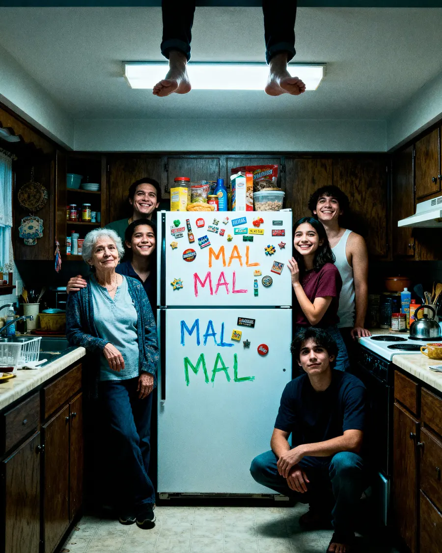 Una familia posa en la cocina junto a una nevera con imanes que dicen «MAL».