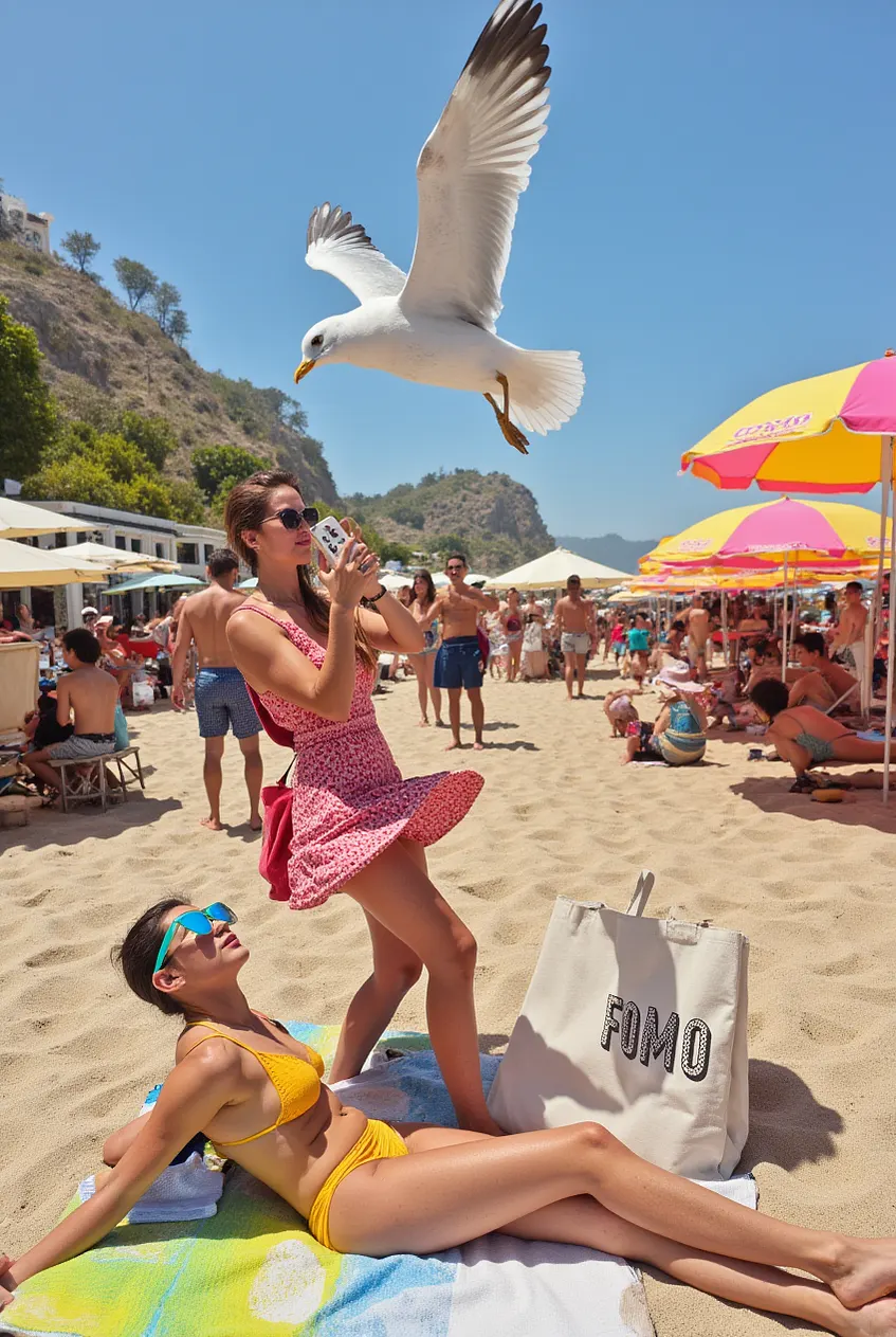 Playa abarrotada: una gaviota se lanza sobre una mujer que bebe un refresco.