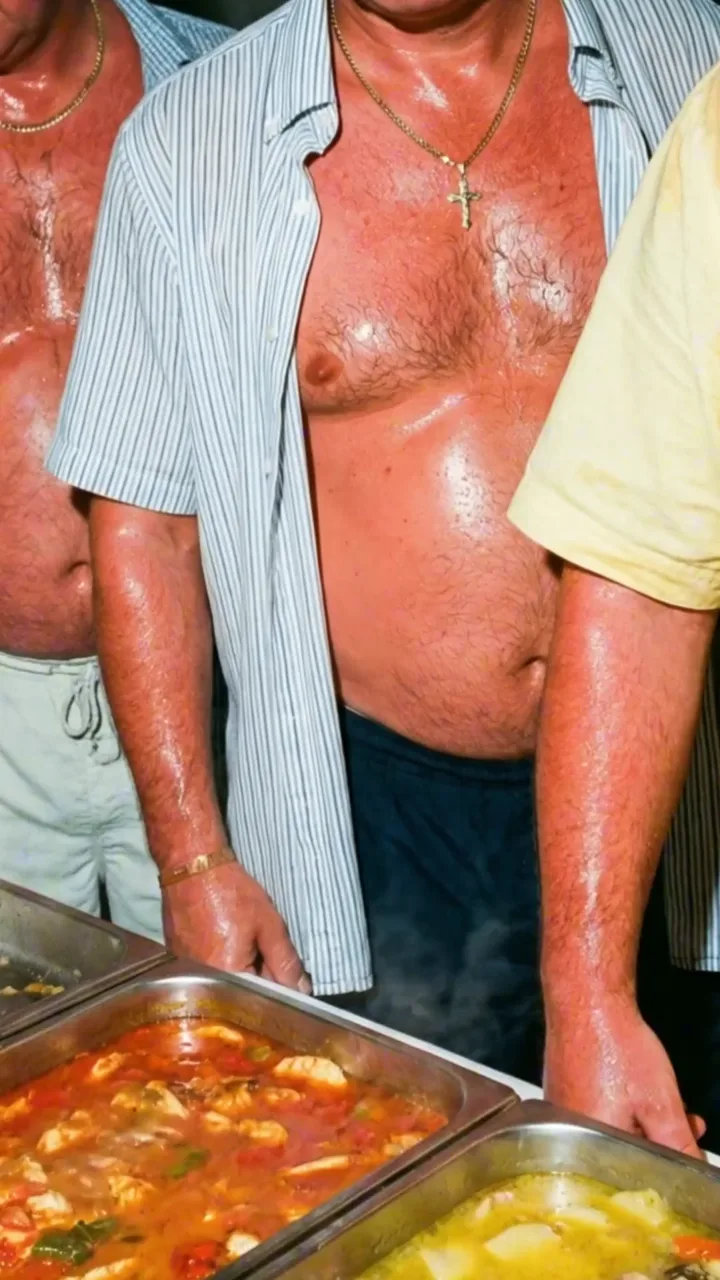 Hombres con la camisa abierta y una cruz al cuello, sudando junto a bandejas de comida.