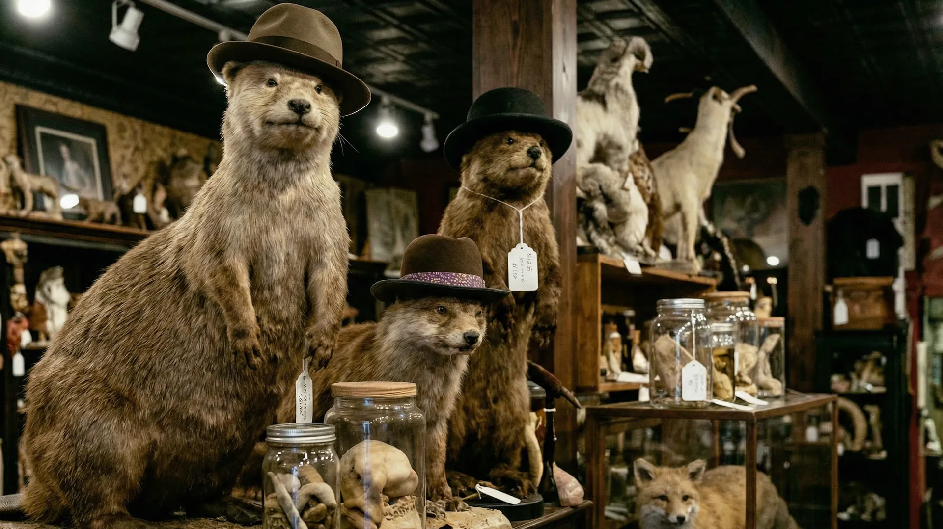 Animales disecados con sombrero en una tienda de taxidermia.
